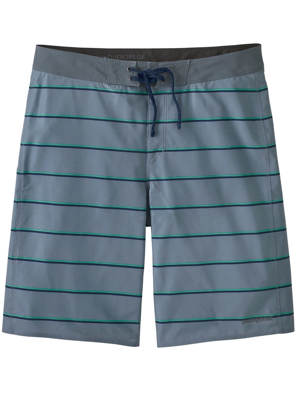 Patagonia Men’s Slate Blue Board Shorts with Navy & Green Stripes